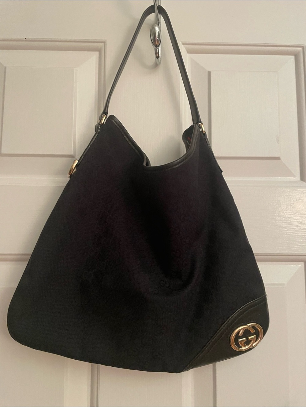 Gucci Black GG Canvas Shoulder Hobo with Gold Double G